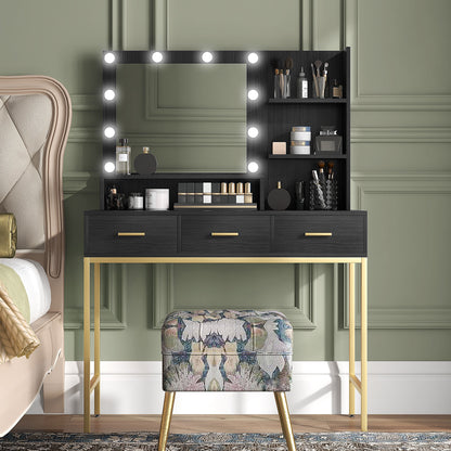 Illuminated Dressing Table, LED Vanity Table with Mirror, 3 Drawers and Storage Shelves for Bedroom, Black Dressing & Vanity Tables   at Gallery Canada