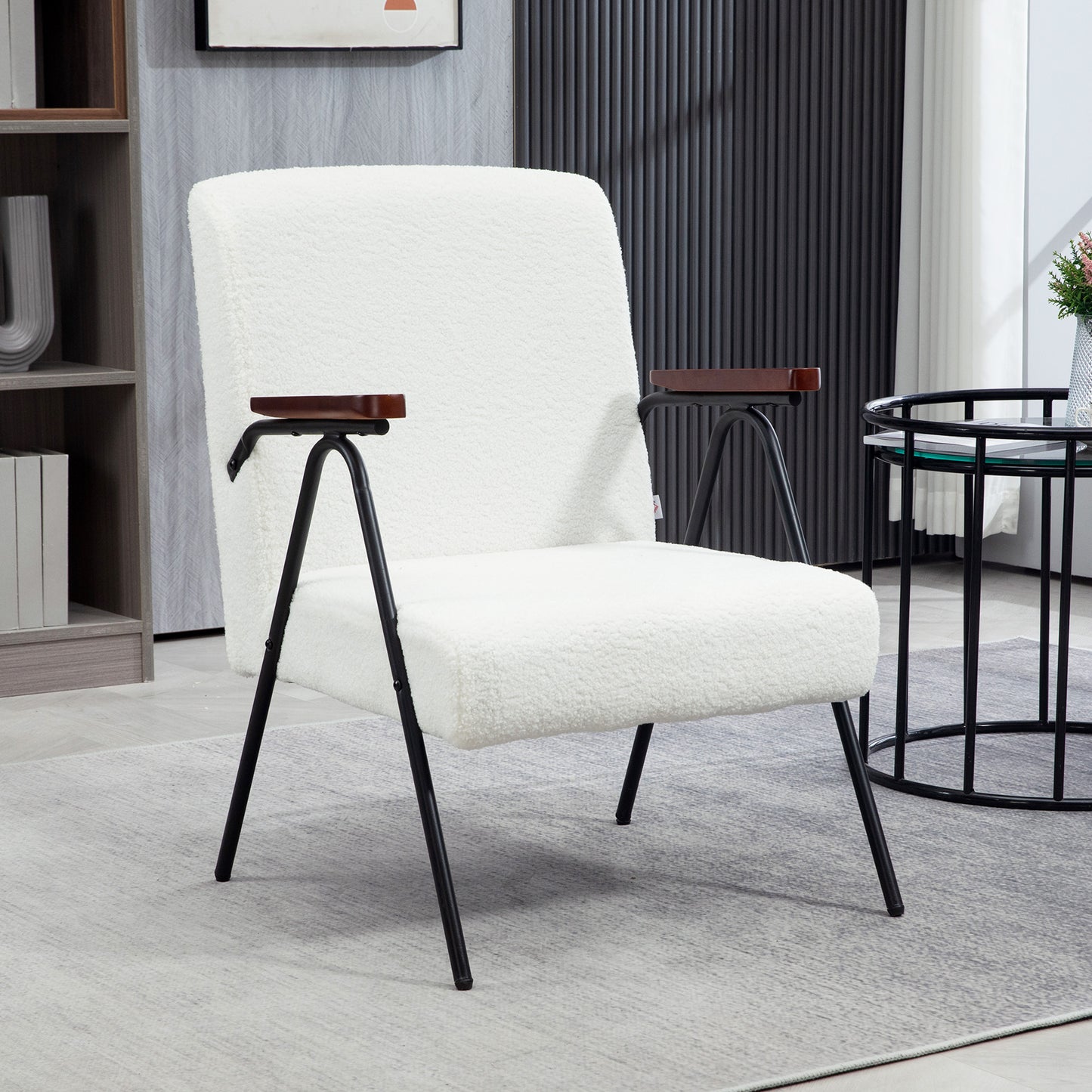 Modern Armchair, Upholstered Teddy Fleece Accent Chair with Wood Arms and Steel Frame for Living Room, Bedroom, White Accent Chairs   at Gallery Canada