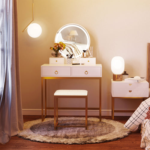 Makeup Vanity Table Set with 3-Color Touch Screen Dimmable Lighted Mirror, Dressing Desk with 4 Drawers and Cushioned Stool for Bedroom, White