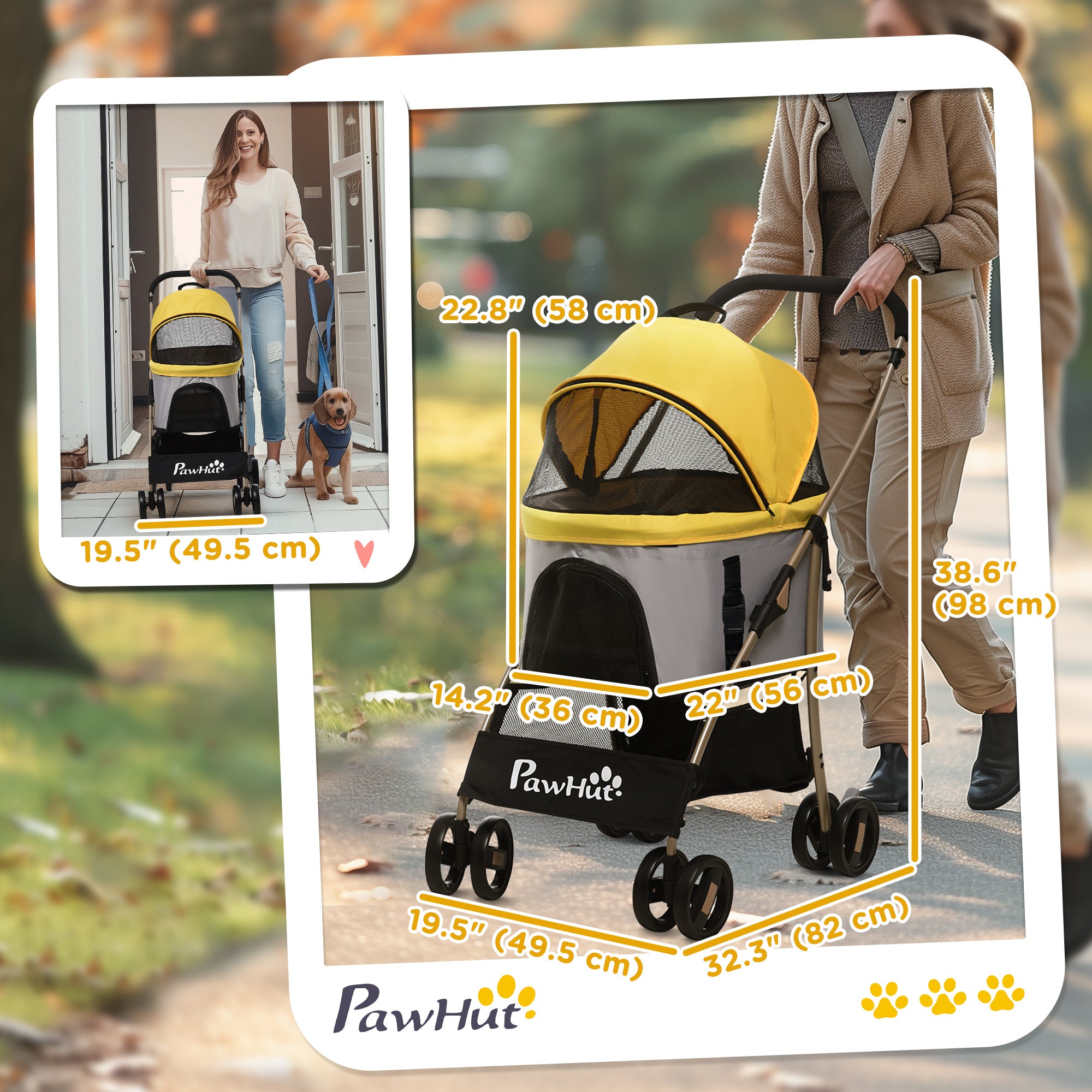 4 Wheels Pet Stroller, 3 in 1 Dog Cat Travel Folding Carrier, for Small Dogs, Detachable, w/ Brake, Canopy, Basket, Storage Bag - Yellow Dog Bike Trailers & Strollers at Gallery Canada