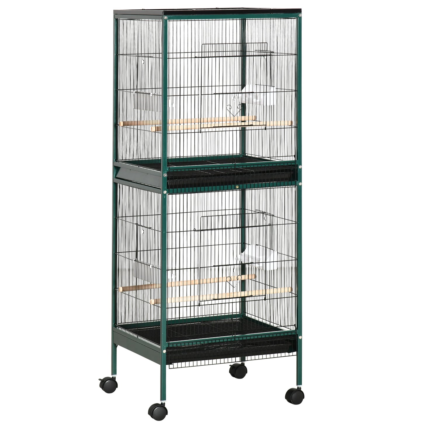 55.1" 2 In 1 Bird Cage Aviary Parakeet House for finches, budgies with Wheels, Slide-out Trays, Wood Perch, Green Bird Cages Multi Colour  at Gallery Canada