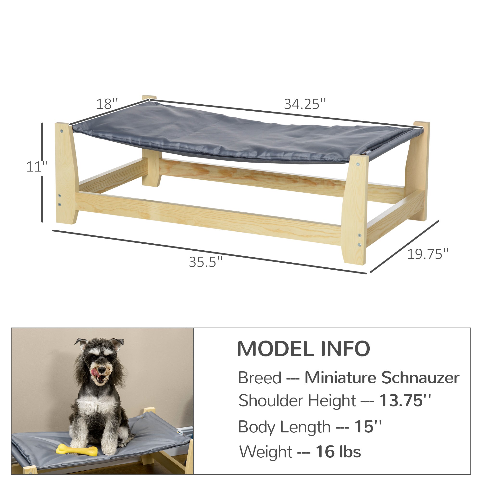 Raised Pet Bed Wooden Dog Cot with Cushion for Small Medium Sized Dogs Indoor Outdoor, 35.5