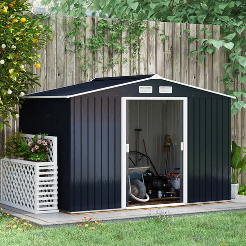 9.1'x6.4'x6.3' Garden Storage Shed w/ Foundation Kit Metal Tool Storage House w/ Double Doors Dark Grey