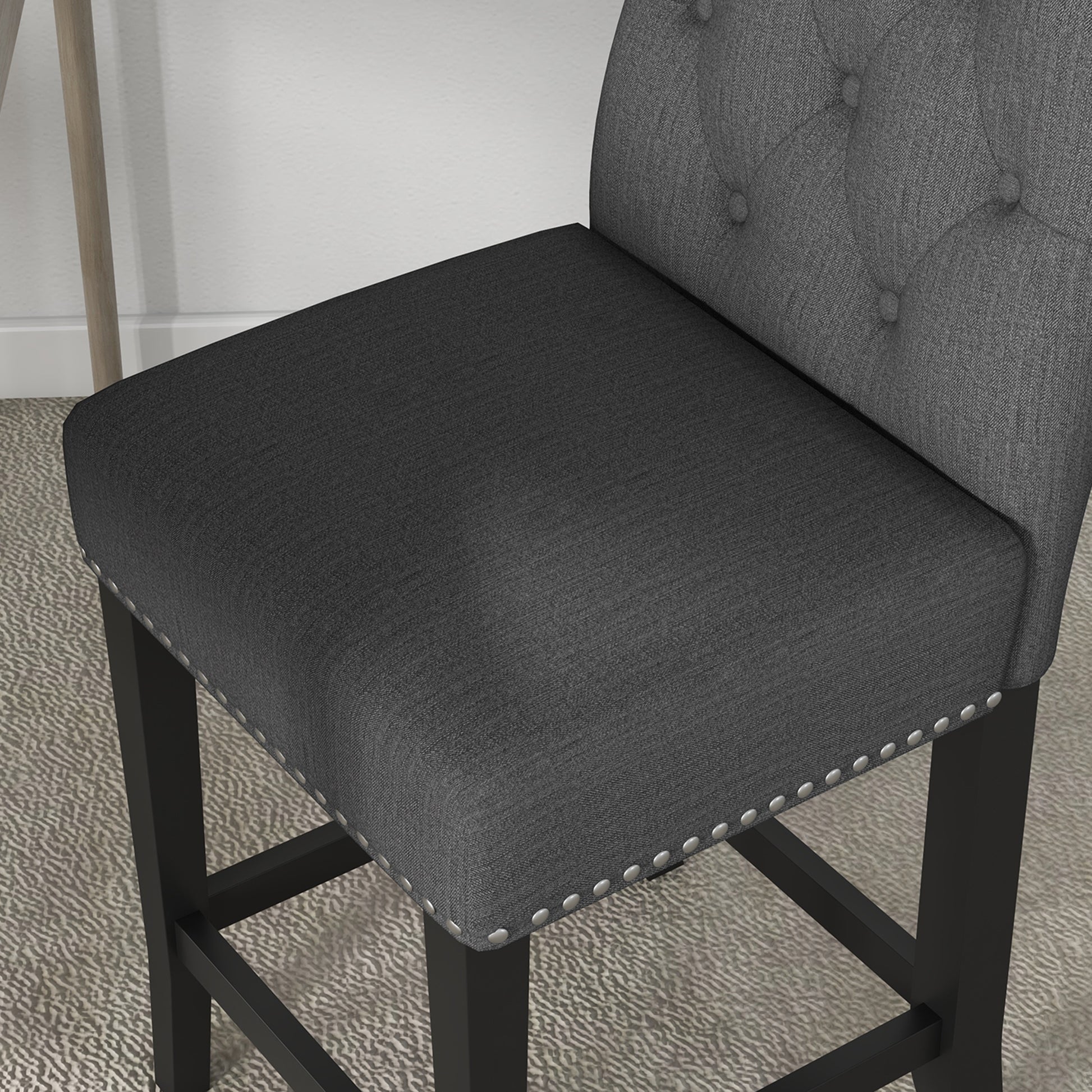 Fabric Bar Stool Set of 2, Tall 25.6" Seat Height Bar Chairs with Tufted Back &; Wood Legs, Dark Grey Bar Stools   at Gallery Canada