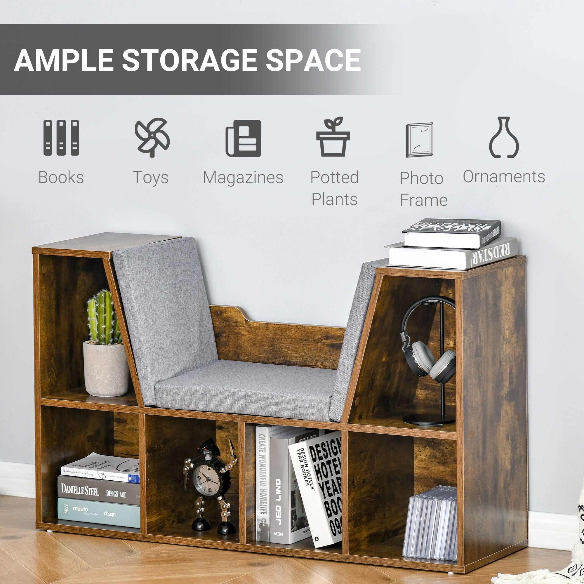 6-Cubby Bookcase with Seat Cushion, Cube Storage Shelf with Reading Nook for Home Office, Study, Rustic Brown Bookshelves & Bookcases at Gallery Canada