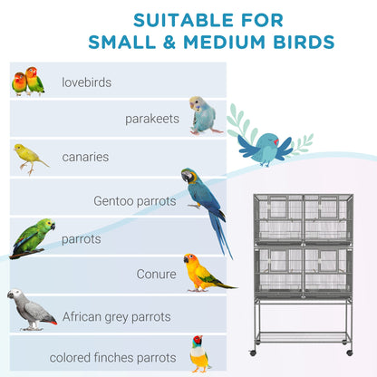 61"H Divided Breeder Bird Cage with Rolling Stand Removable Metal Tray, Storage Shelf, Wood Perch, and Food Container, Dark Grey Bird Cages   at Gallery Canada