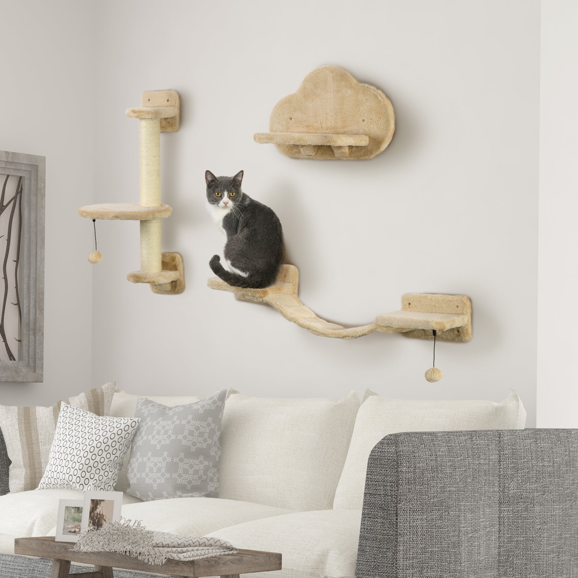 3 PCs Cat Wall Climber with Scratching Post, Ladder, Perches, Cloud-Shaped Cat Shelves, Beige Cat Climbing Wall at Gallery Canada
