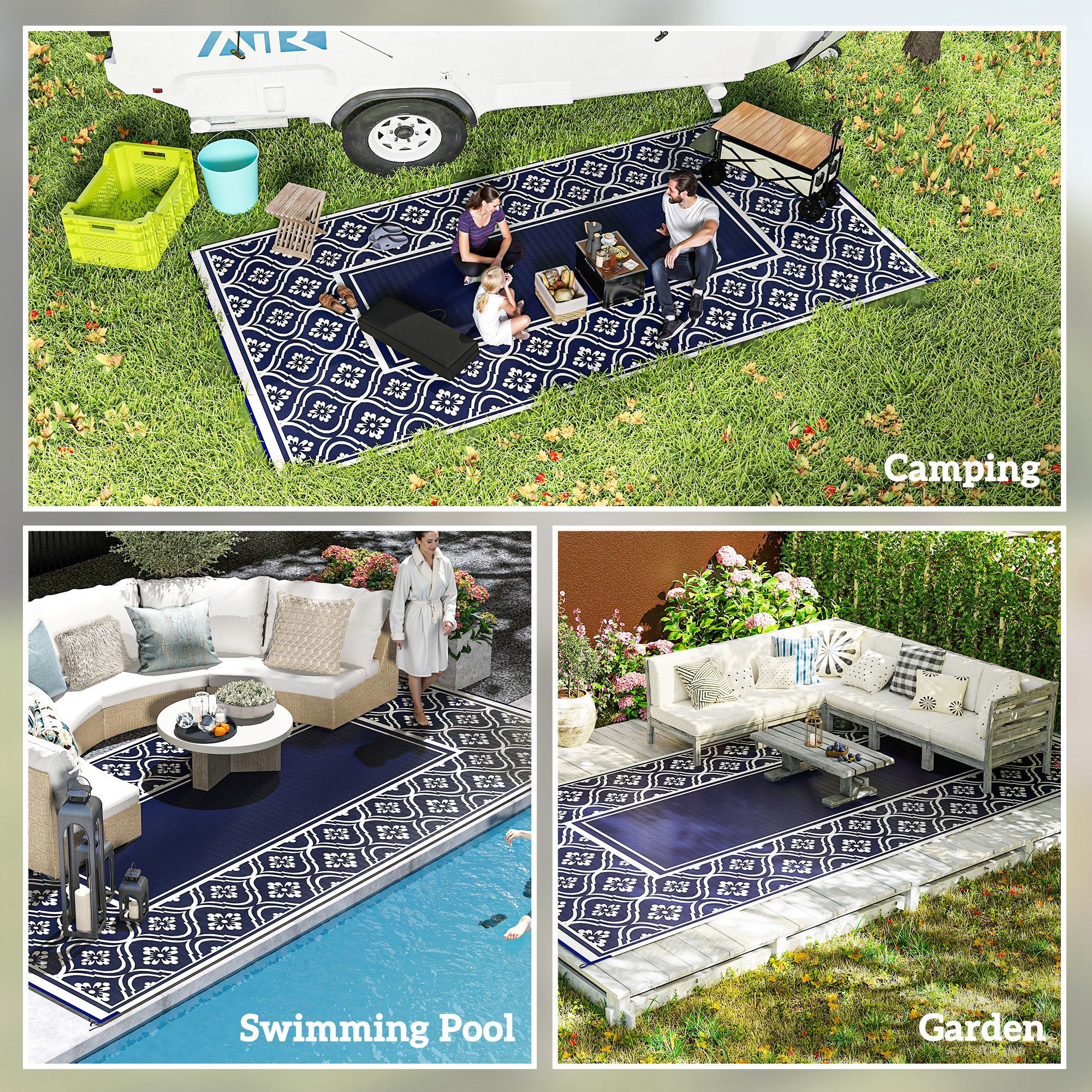 9' x 18' Outdoor RV Rug, Reversible Patio Floor Mat with Carry Bag, Gourd Border, Blue and White Garden Decor at Gallery Canada