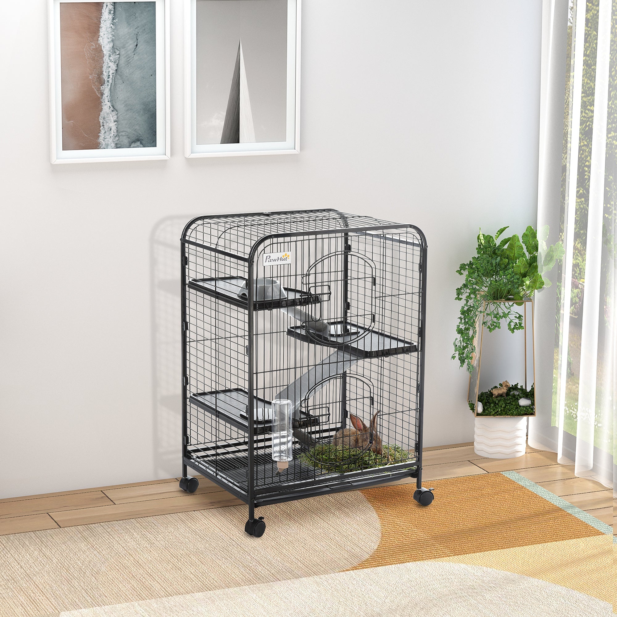 4-Tier Small Animal Cage Pet Playpen for Rabbit Ferret Chinchilla on Wheels with Removable Tray Platform Ramp Food Dish Water Bottle, 24