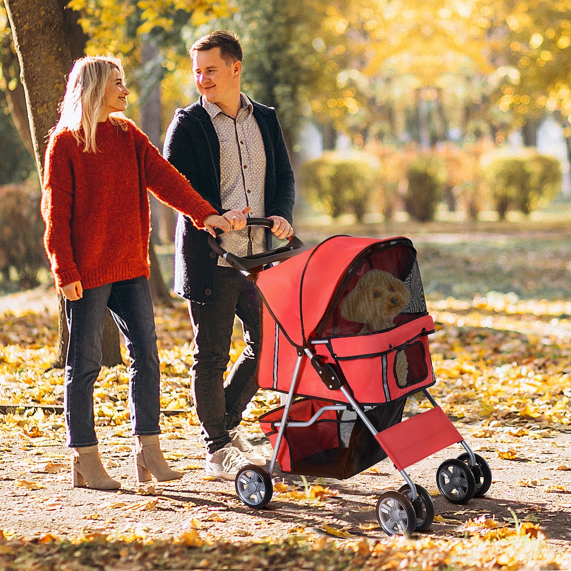 4 Wheel Dog Pet Stroller Dog Cat Carrier Folding Sunshade Canopy with Brake, Red Dog Bike Trailers & Strollers   at Gallery Canada