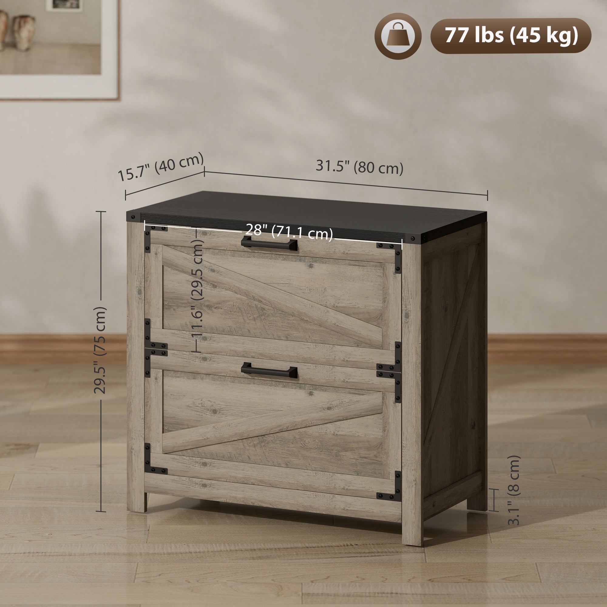 2 Drawer Filing Cabinet, Farmhouse Office Storage Cabinet with Adjustable Hanging Bars for Letter, A4, Legal Size, Grey Office Cabinets & Cupboards at Gallery Canada