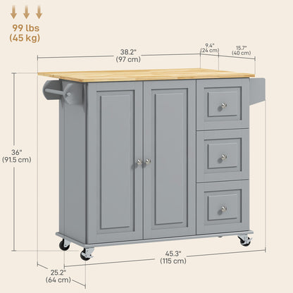 Kitchen Island on Wheels, Kitchen Cart with Drop Leaf, Drawers, Grey Kitchen Islands & Kitchen Carts   at Gallery Canada