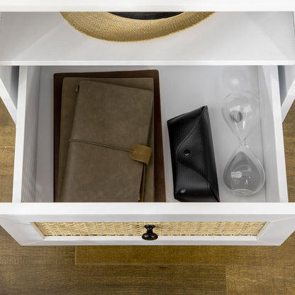 Bedside Table with Rattan Element, Side End Table with Drawer and Shelf, 17.7"x15.4"x22.2", White Bedside Tables   at Gallery Canada