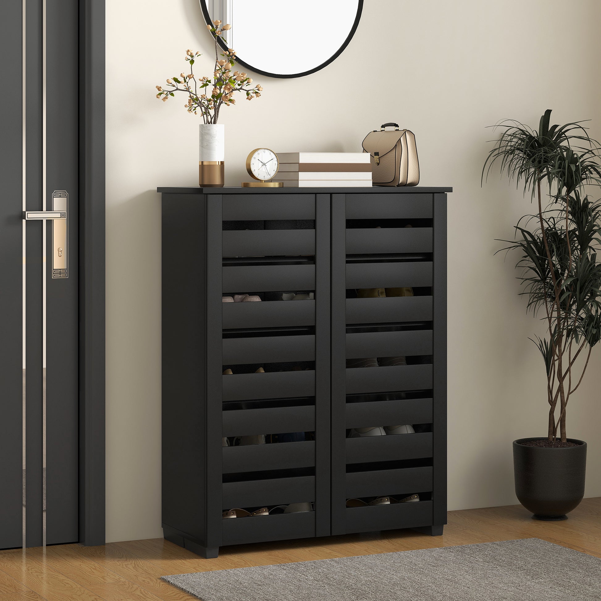 Shoe Storage Cabinet, Shoe Cabinet with 2 Slatted Doors for 15 Pairs of Shoes, Black Shoe Storage Cabinets & Racks Black  at Gallery Canada