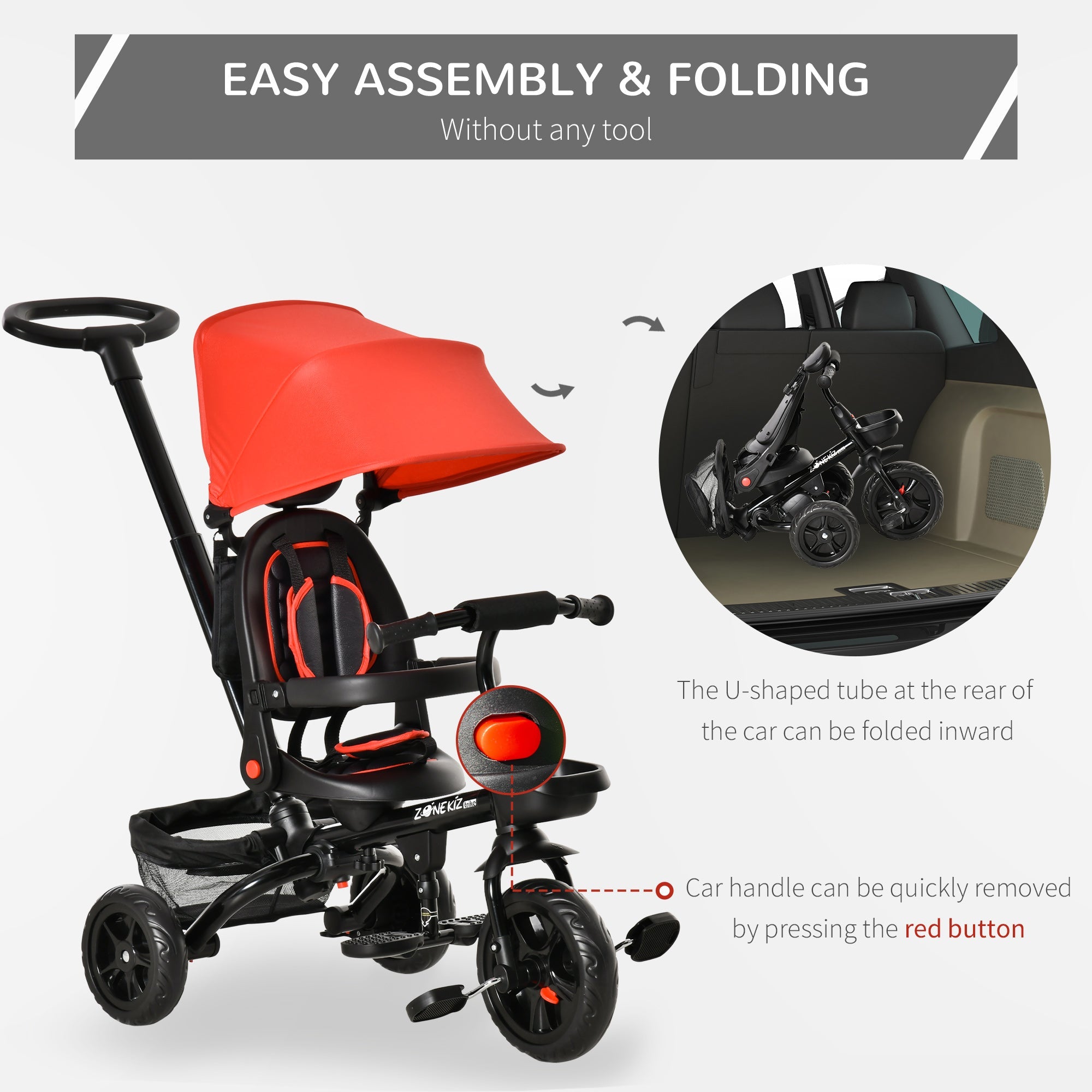 4-in-1 Baby Tricycle with Adjustable Seat, Handle, Canopy, Brake, Red Tricycles for Kids   at Gallery Canada