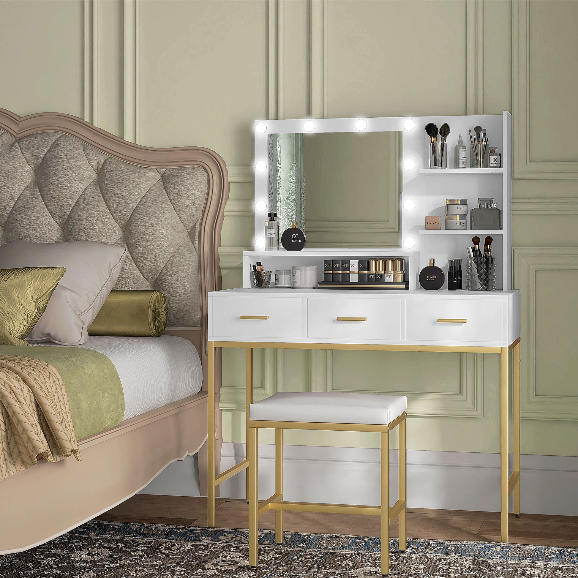 Illuminated Dressing Table, LED Vanity Table with Mirror, 3 Drawers and Storage Shelves for Bedroom, White Dressing & Vanity Tables   at Gallery Canada