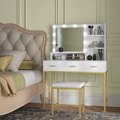 Illuminated Dressing Table, LED Vanity Table with Mirror, 3 Drawers and Storage Shelves for Bedroom, White Dressing & Vanity Tables   at Gallery Canada