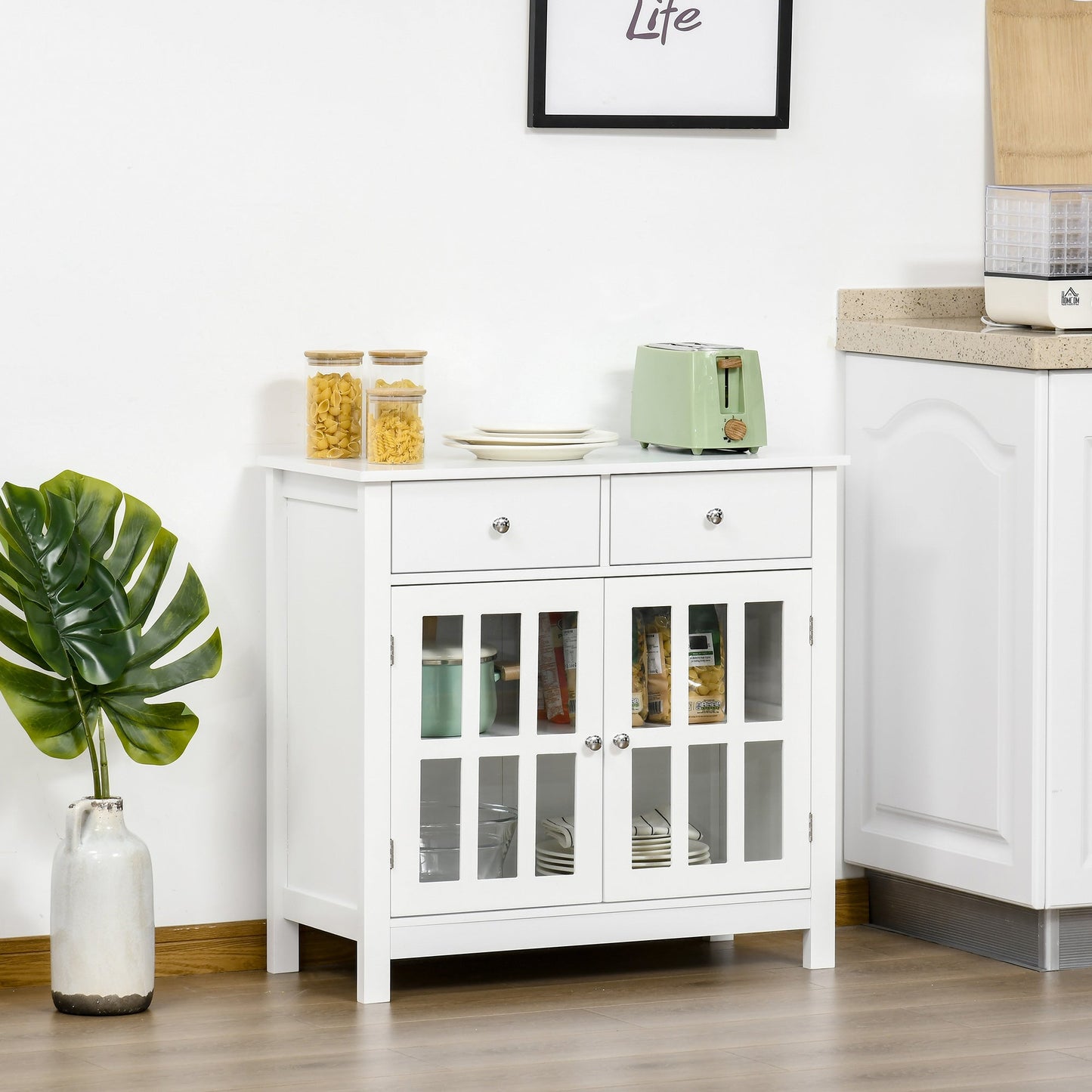 Sideboard Buffet Cabinet, Accent Kitchen Cabinet with Glass Doors, Adjustable Shelf and 2 Drawers, White Bar Cabinets   at Gallery Canada