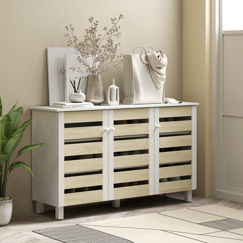 Shoe Cabinet with 3 Slatted Doors, 3-tier Shelving Rack Cabinet with Adjustable Shelves for 15 Pairs of Shoes, White