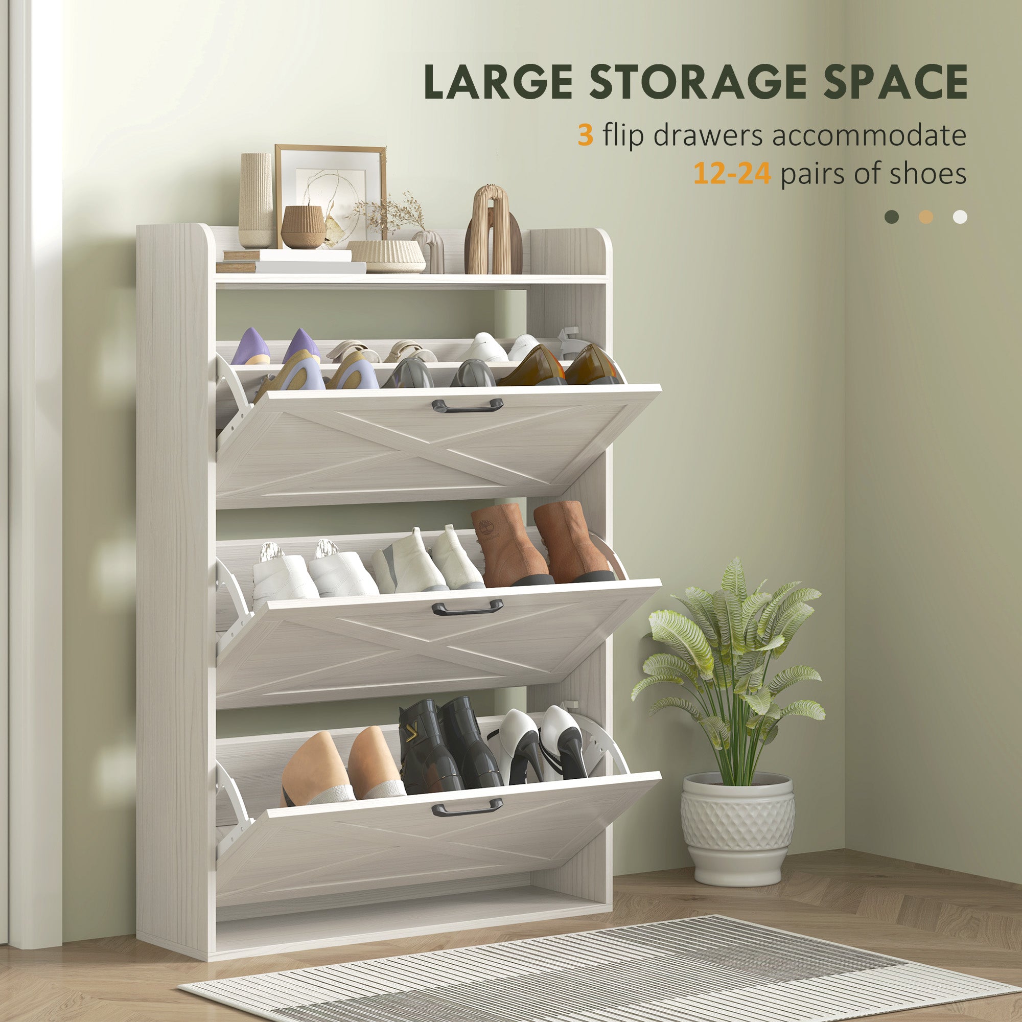 Narrow Shoe Storage Cabinet Farmhouse Shoe Cabinet with 3 Flip Drawers Adjustable Shelves for Entryway White Oak Shoe Storage Cabinets & Racks at Gallery Canada