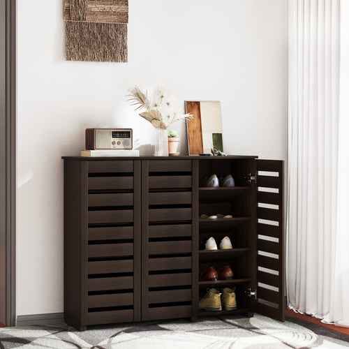 Narrow Shoe Cabinet with Slatted Doors, Adjustable Shelves for 20 Pairs of Shoes, Shoe Cabinet for Entryway, Dark Brown