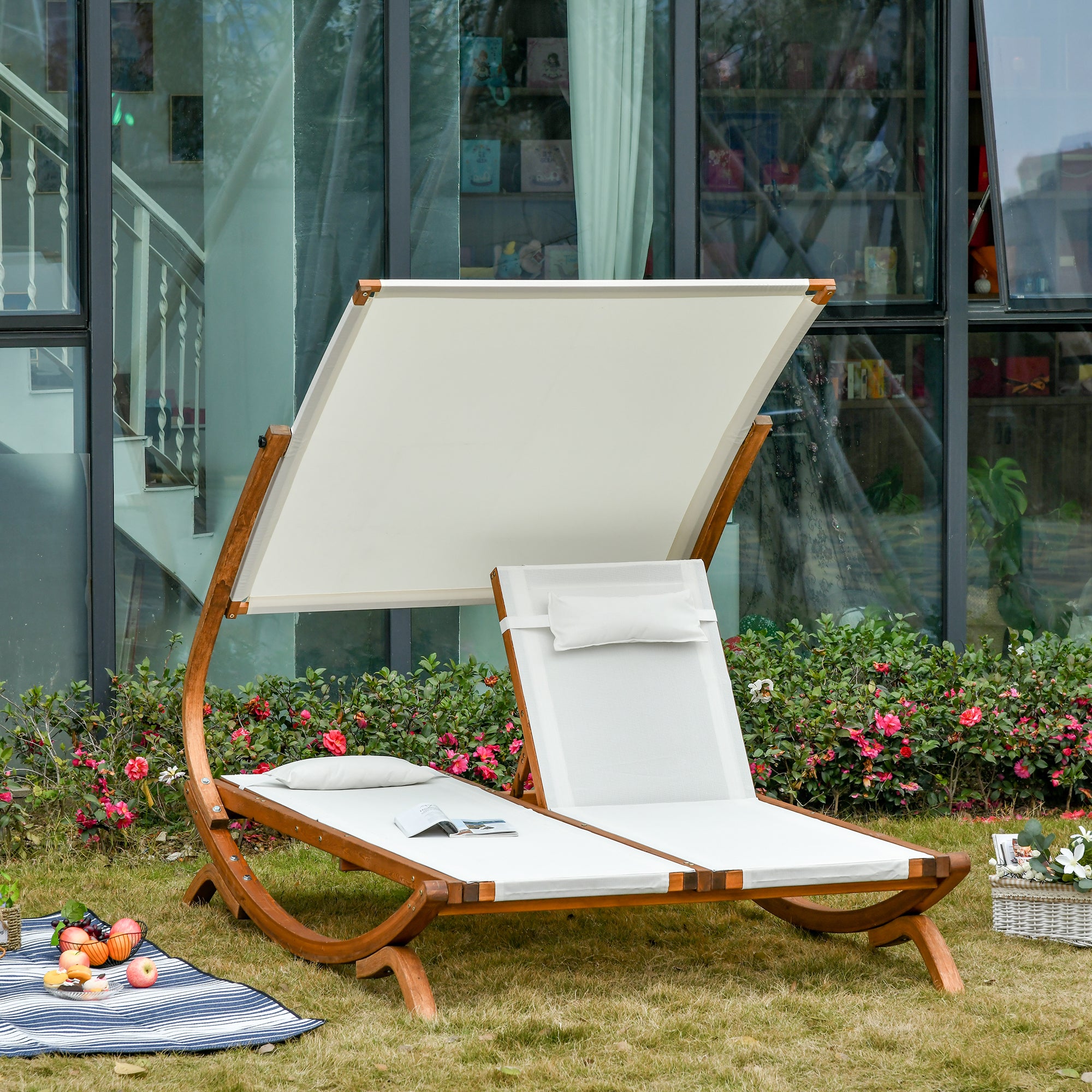 Adjustable Wooden Double Chaise Lounge with Canopy and Pillows for Patio, Beige Lounger Chairs   at Gallery Canada