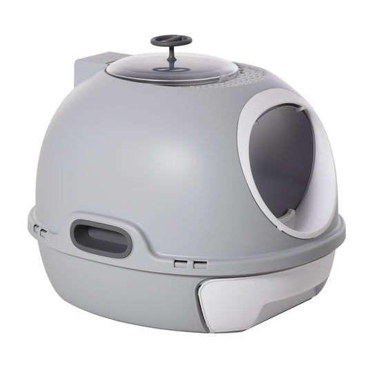 Cat Litter Box Toilet with Lid, Covered Litter Box with Scoop, Enclosed Drawer and Skylight, Grey Cat Litter Box Enclosures   at Gallery Canada