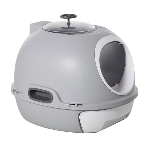 Cat Litter Box Toilet with Lid, Covered Litter Box with Scoop, Enclosed Drawer and Skylight, Grey