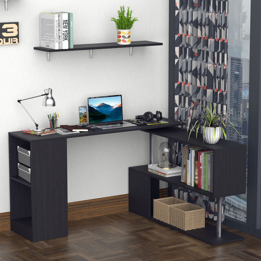 55" Corner Computer Desk, 360° Rotating L-Shaped Desk, Home Office Workstation with 3-Tier Shelves, Bookshelf, Black Computer Desks Black Wood Grain  at Gallery Canada