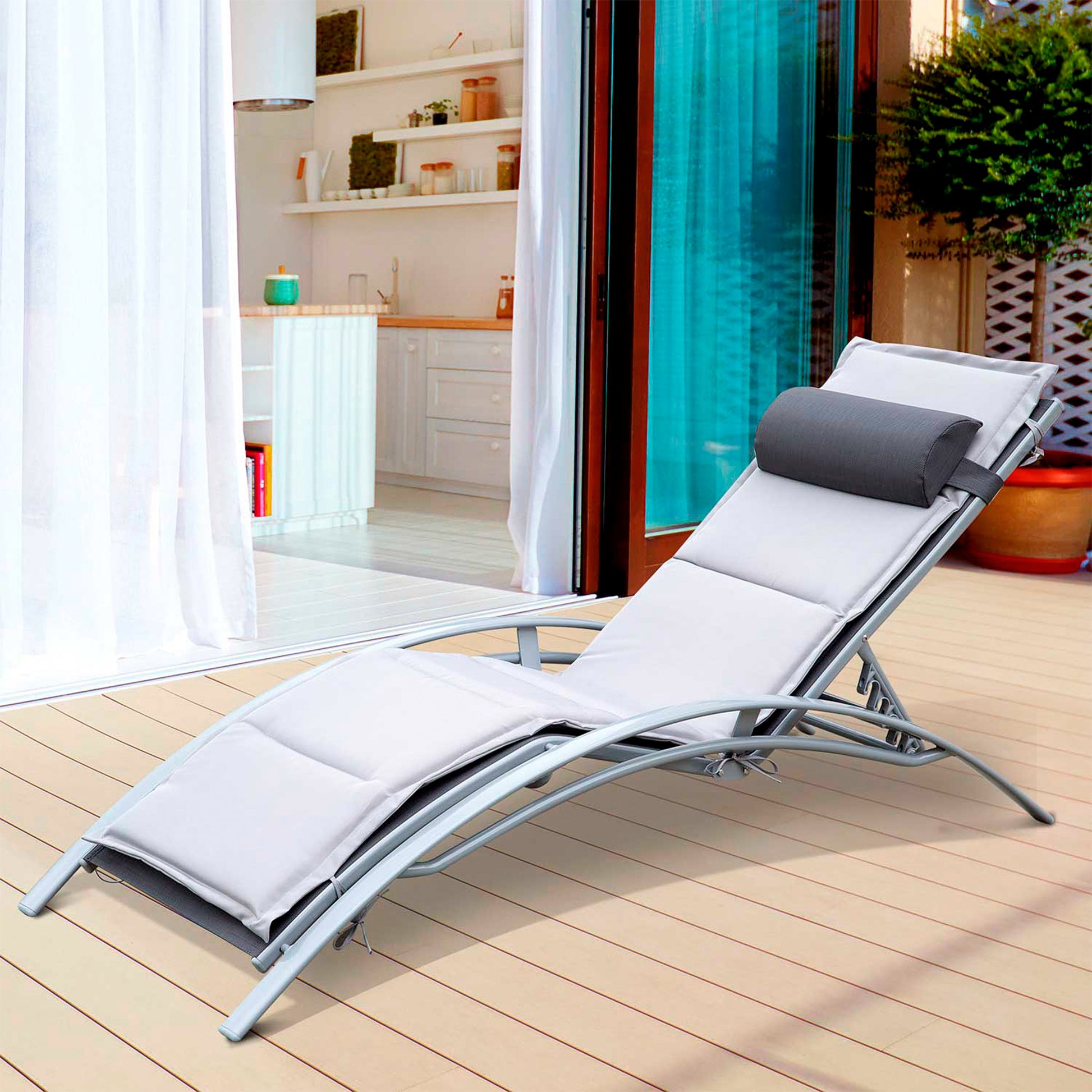 Patio Reclining Chaise Lounge with Cushion and Padded Pillow Grey Lounger Chairs Multi Colour  at Gallery Canada