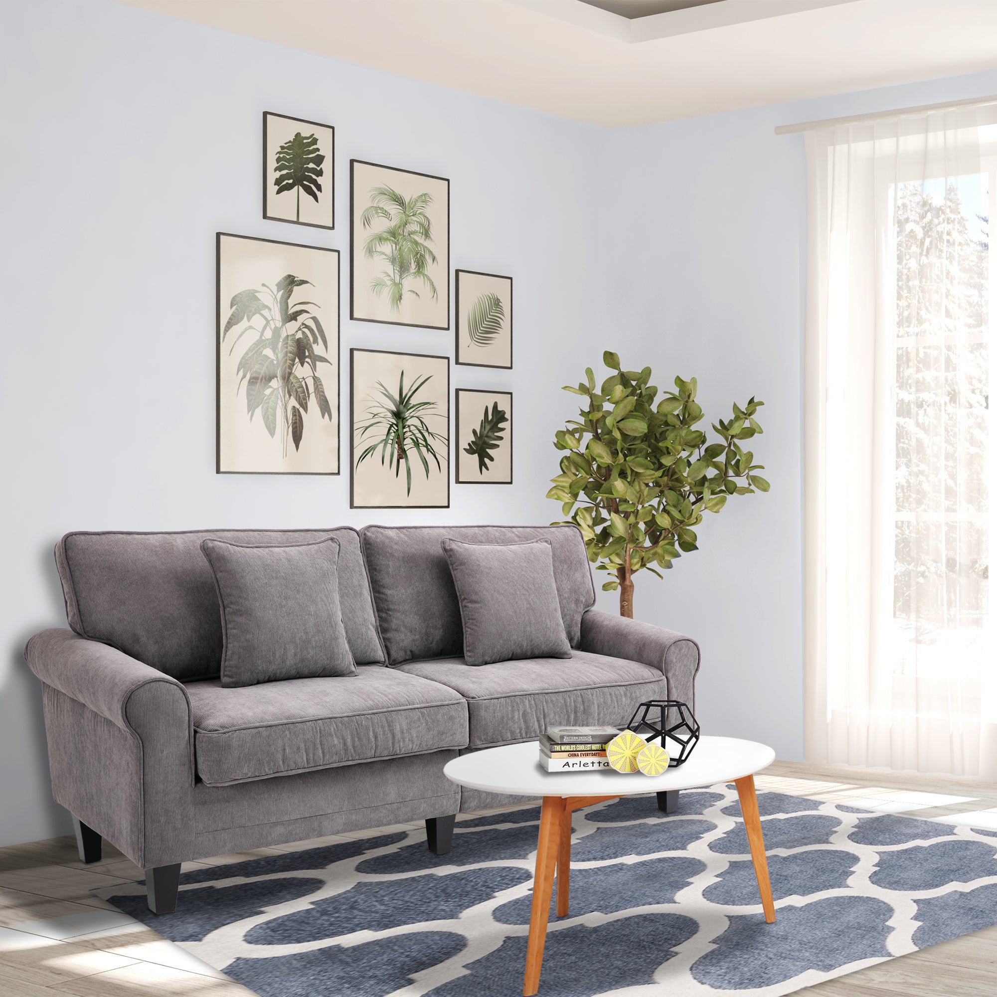 Modern 3 Seater Sofa, Corduroy Fabric 3 Seater Couch with Pine Wood Legs and Rolled Armrests for Living Room, Light Grey 3-Seater Sofas Light Grey  at Gallery Canada