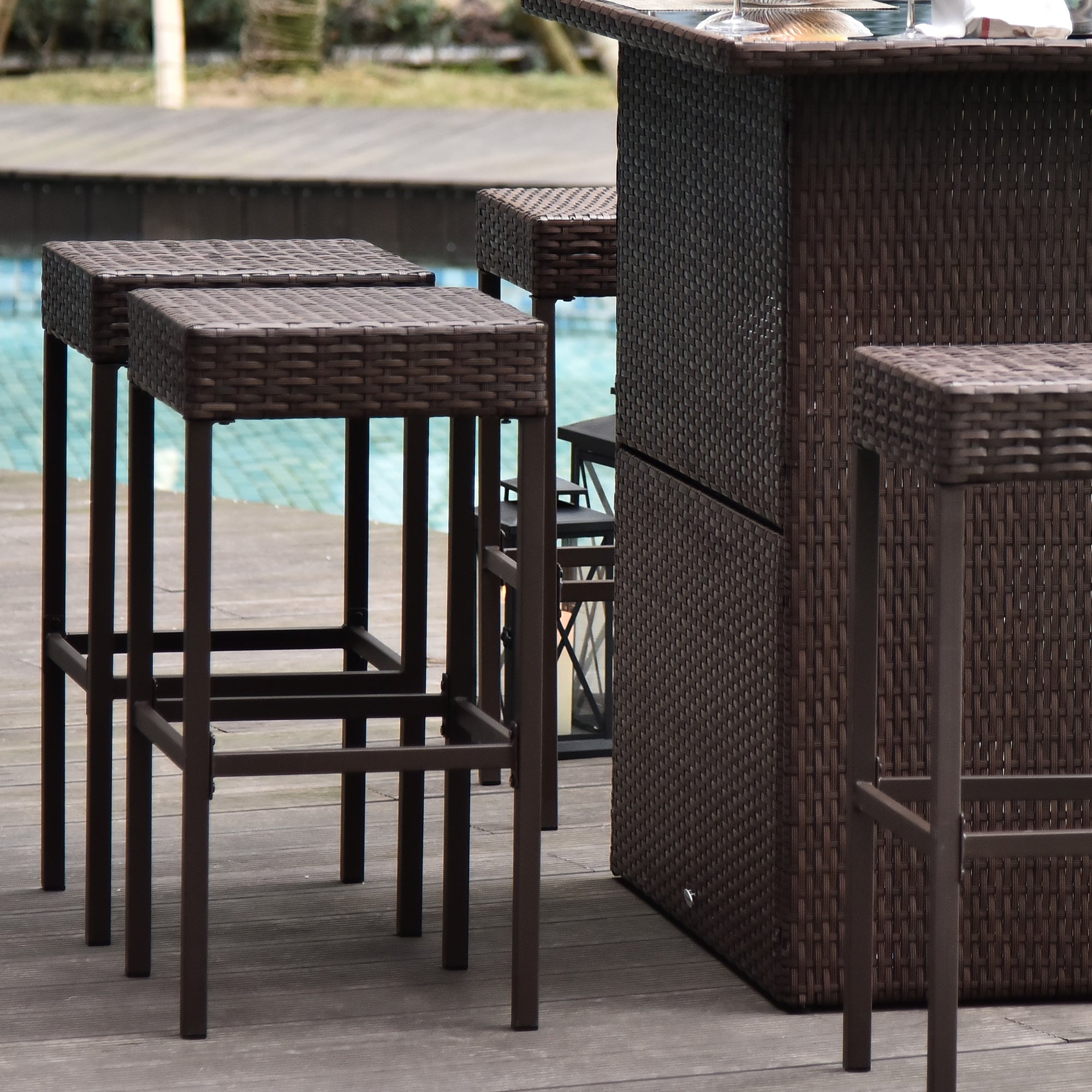 5 Pieces Patio Bar Set, Outdoor PE Rattan Wicker High Top Outdoor Table and Chairs Outdoor Bar Set with Tempered Glass Top Bar Table and Shelves, 4 Bar Chairs, Dark Brown Bistro Sets at Gallery Canada