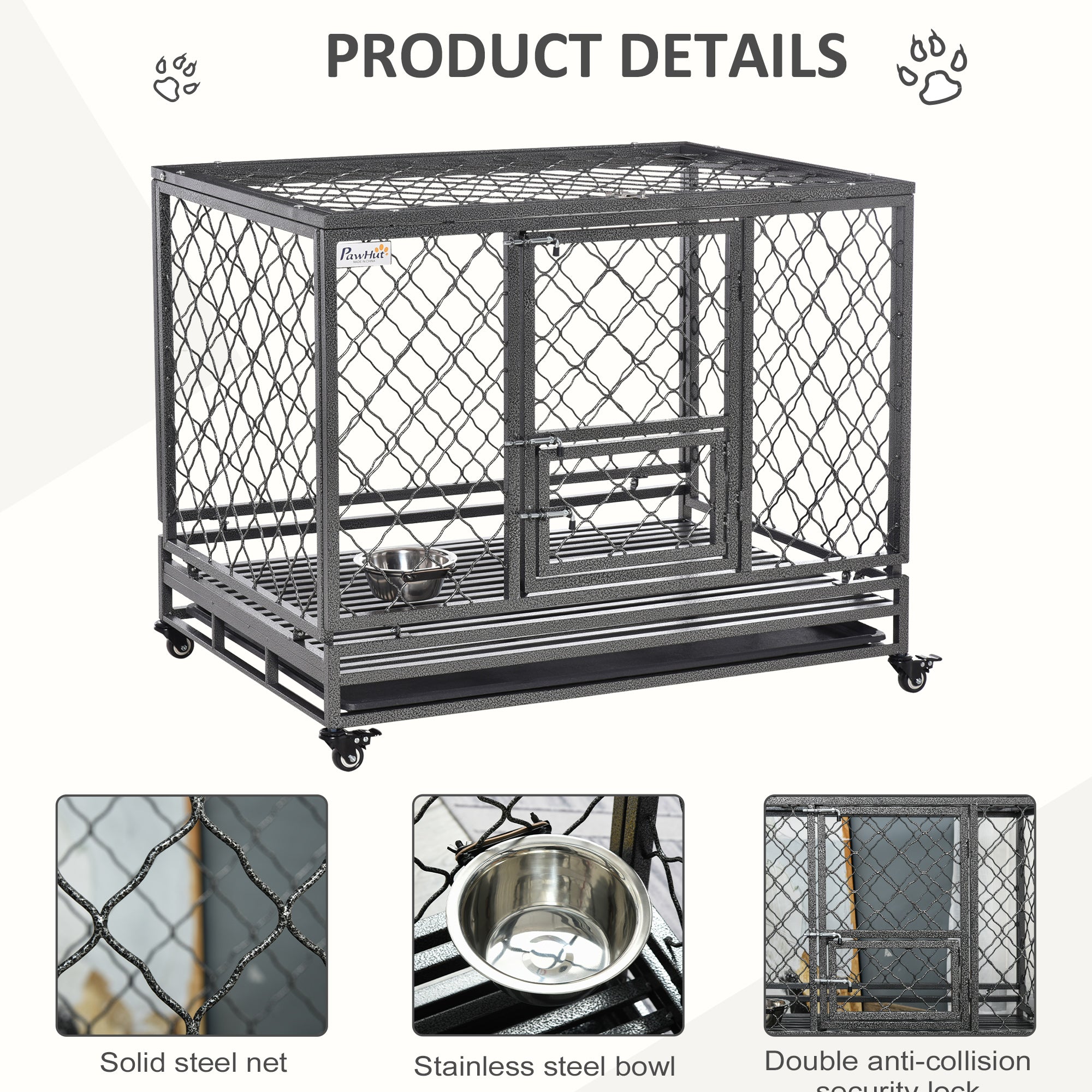 Heavy Duty Dog Crate w/ Wheels, Openable Top, Removable Tray, Bowl, for All-Sized Dogs, 42.5