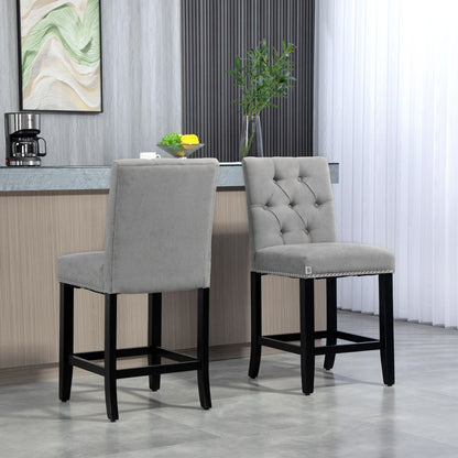 Fabric Bar Stool Set of 2, Tall 25.6" Seat Height Bar Chairs with Tufted Back &; Wood Legs, Light Grey Bar Stools   at Gallery Canada