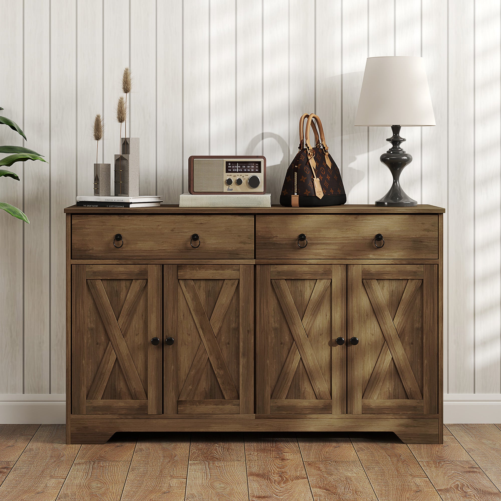 Sideboard Cabinet with 2 Drawers, 4 Barn Doors and 2 Adjustable Shelves, Buffet Table for Living Room, Light Brown Bar Cabinets at Gallery Canada