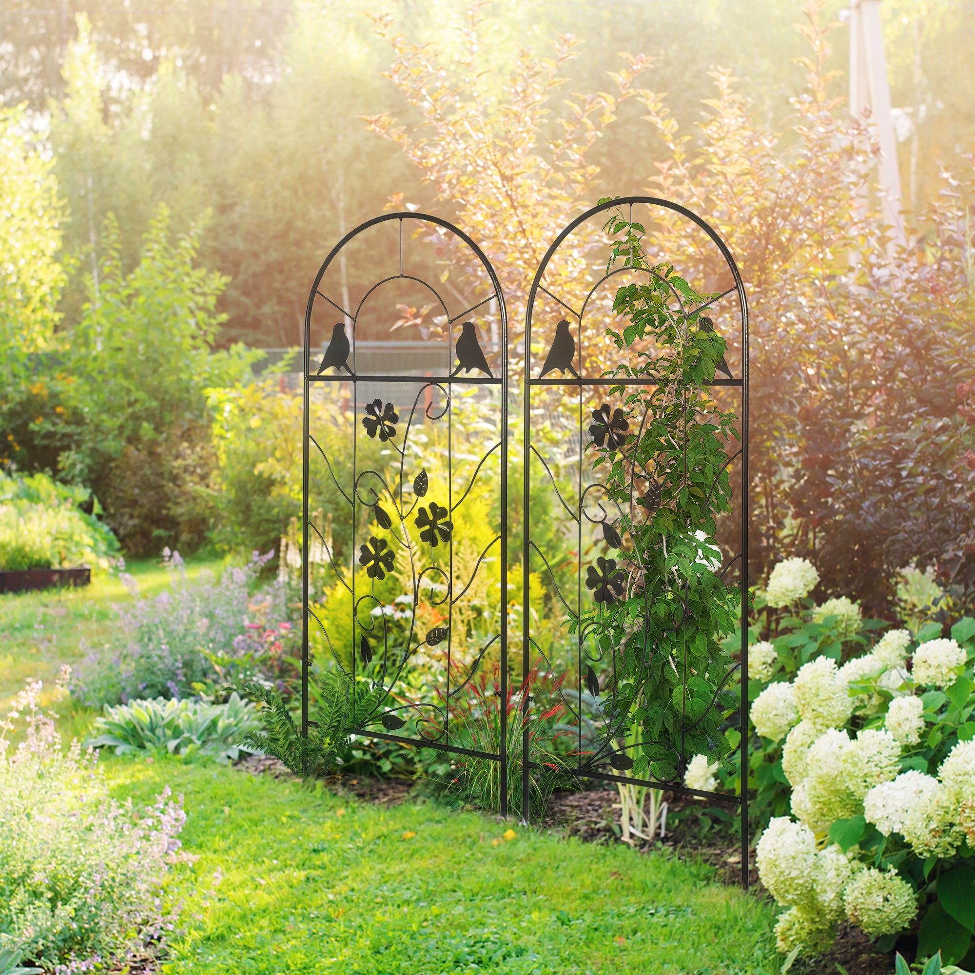 2 Pack Outdoor Metal Garden Trellis, Birds and Leaves Grid Panels for Roses, Vine Flower, Cucumber, Clematis, 39