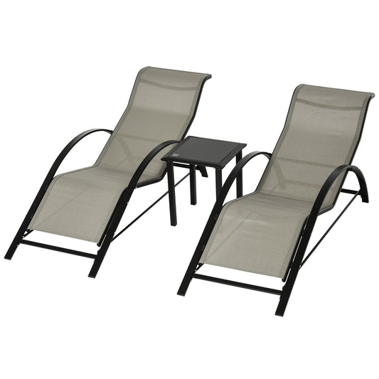 3 Pieces Patio Pool Lounge Chairs Set, Outdoor Chaise lounge with 2 S-Shaped Sunbathing Chairs and a Glass Top Table, for Yard Garden, Grey Lounger Chairs   at Gallery Canada