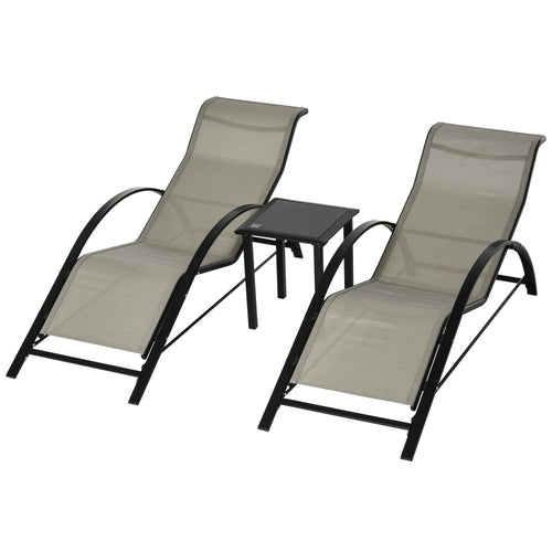 3 Pieces Patio Pool Lounge Chairs Set, Outdoor Chaise lounge with 2 S-Shaped Sunbathing Chairs and a Glass Top Table, for Yard Garden, Grey