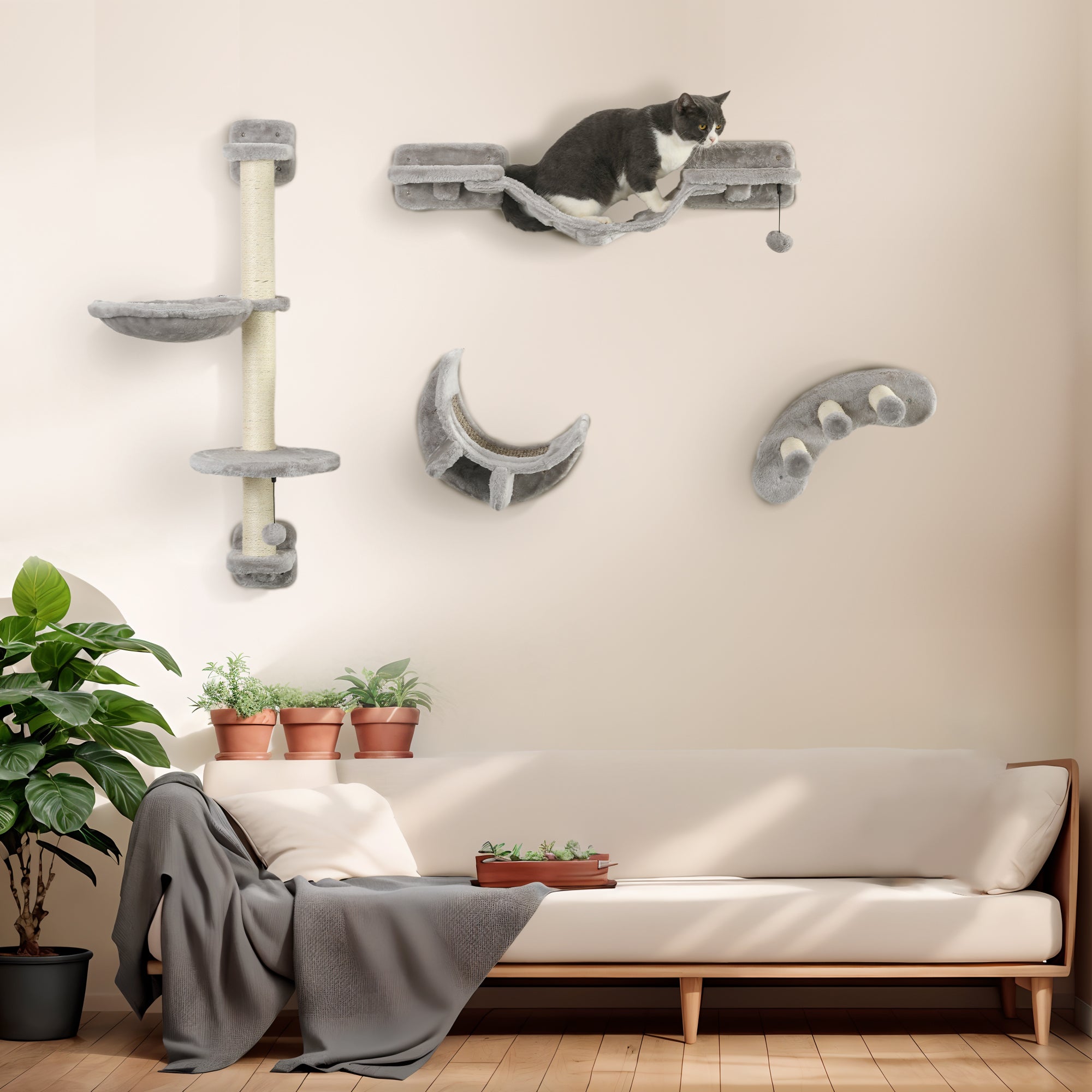 4Pcs Cat Wall Shelf with Scratching Post, Cat Wall Shelves for Relaxing, Climbing, Cat Wall With Soft Ladder, Hammock, Play Balls, Grey Cat Climbing Wall at Gallery Canada