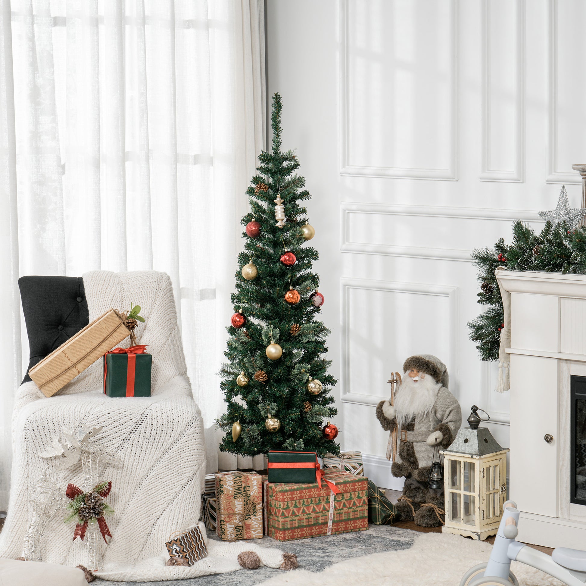 5ft Pencil Christmas Tree, Artificial Christmas with Pine Needles, Realistic Branches, Pine Cones, Metal Base, Green Pencil Christmas Trees   at Gallery Canada