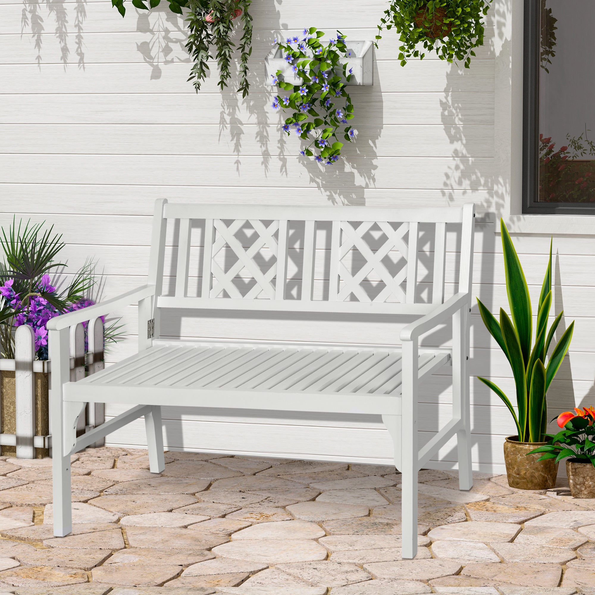 Foldable Garden Bench, 2-Seater Patio Wooden Bench, Loveseat Chair with Backrest and Armrest for Patio, Porch or Balcony, White Outdoor Benches at Gallery Canada