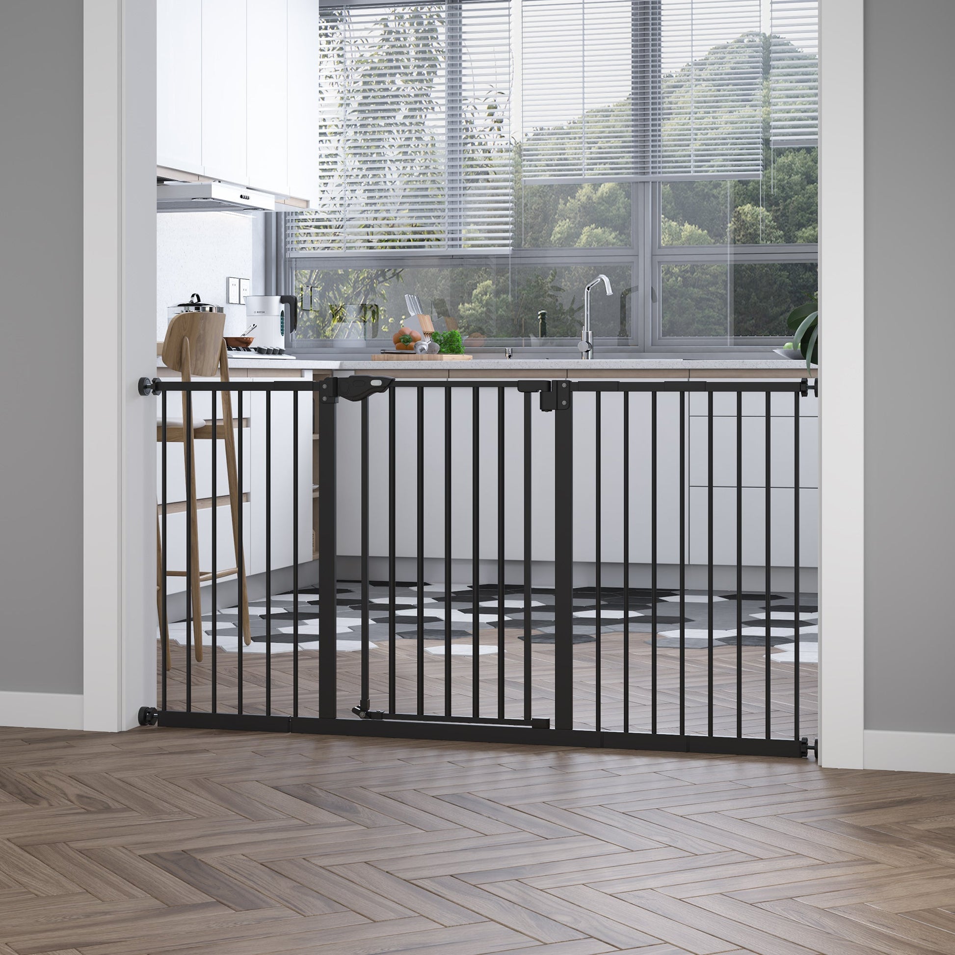 30 Inch Tall Pet Gate with Door Dog Gate and Barrier Indoor for Stairs Includes 7", 8", 12" Extensions Kit, Pressure-Mounted Safety Gate, Black Houses, Kennels & Pens   at Gallery Canada