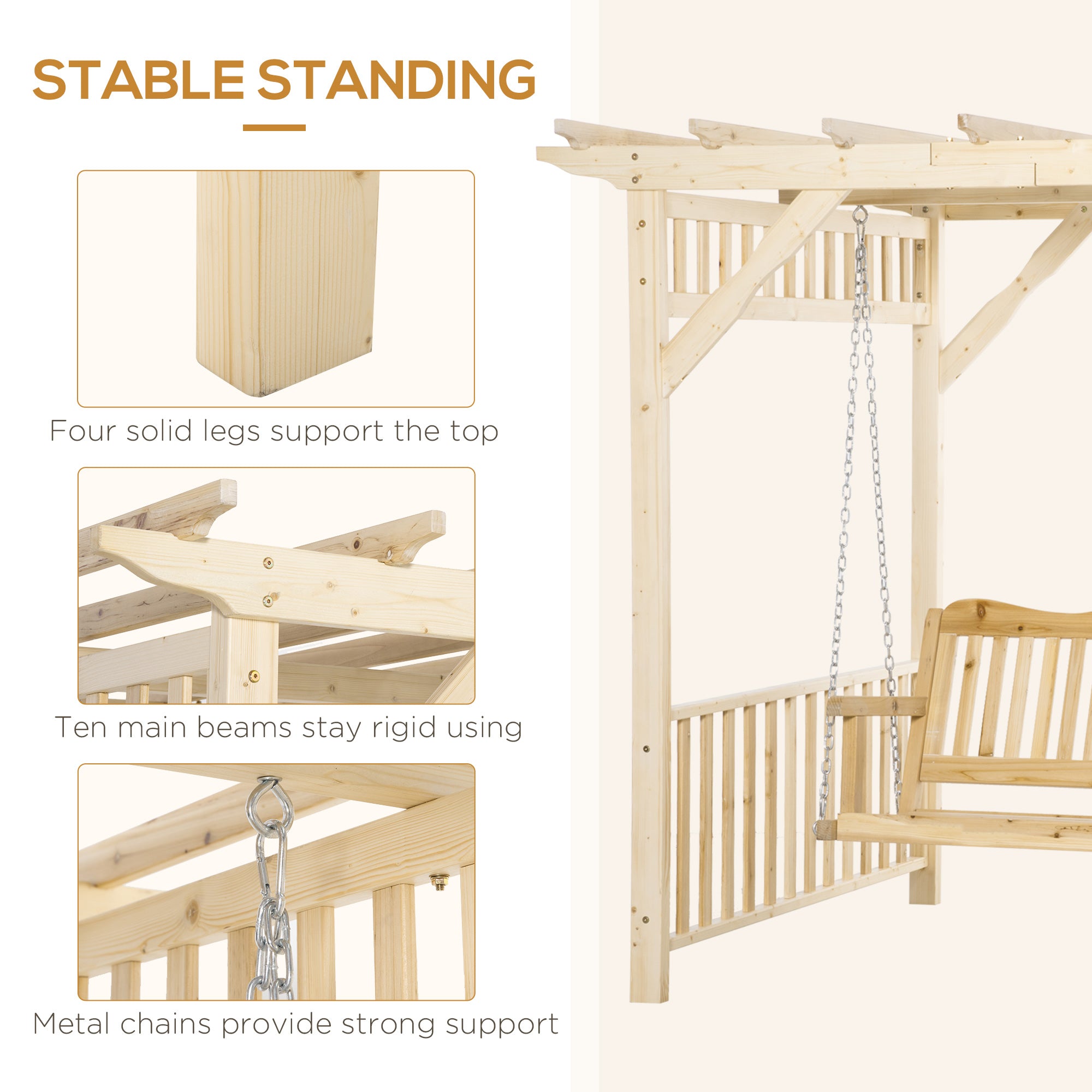 Patio Swing Chair with Pergola, 2-Person Wooden Gazebo Swing Bench Sun Shelter for Garden, Poolside, Backyard, Deck Patio Swings with Stand at Gallery Canada