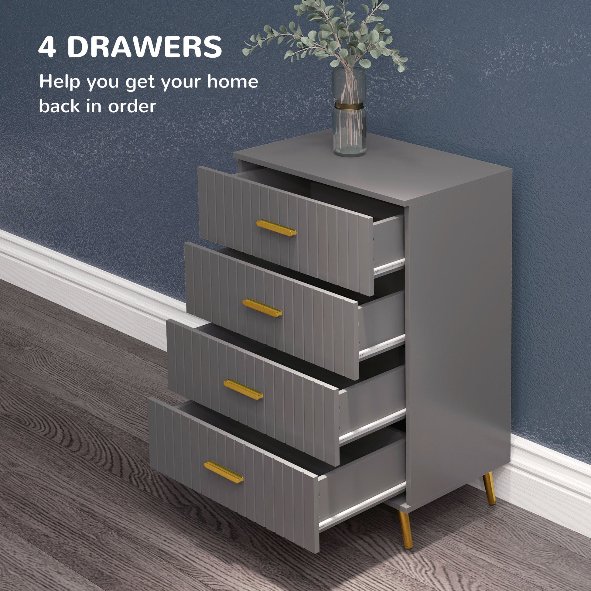 4 Drawer Cabinet, Drawer Chest for Bedroom, Chest of Drawers with Aluminium Legs and Gold Handles, Dark Grey Storage Cabinets   at Gallery Canada