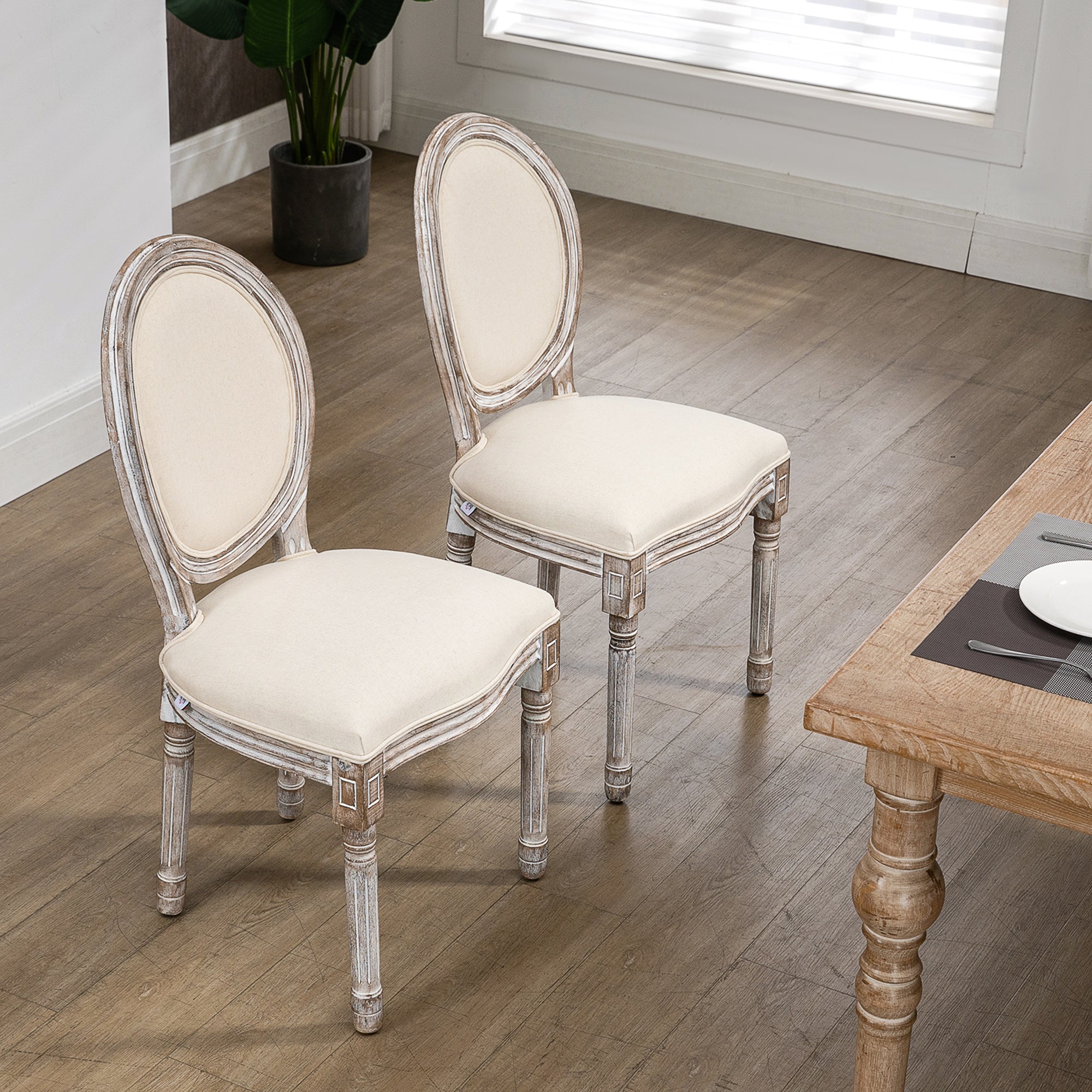 Dining Chairs Set of 2, French Style Linen Fabric Upholstered Kitchen Chairs with Backs and Wood Legs for Dining Room, Cream White Bar Stools   at Gallery Canada