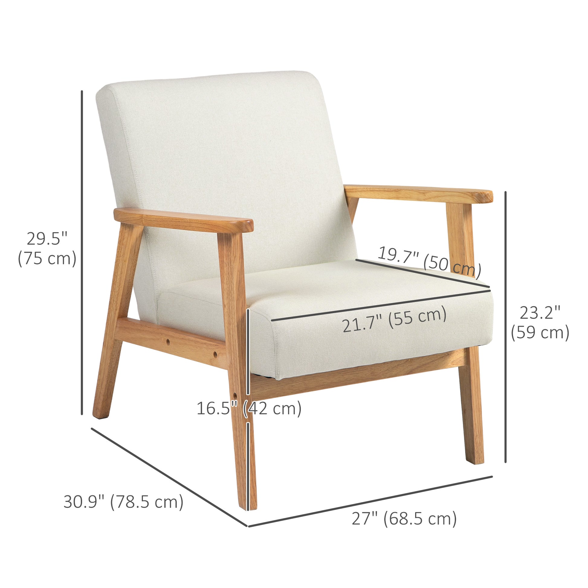 Mid-Century Modern Accent Chair Retro Fabric Armchair Wooden Arm Upholstered Lounge Chair for Living Room Cream White Accent Chairs   at Gallery Canada