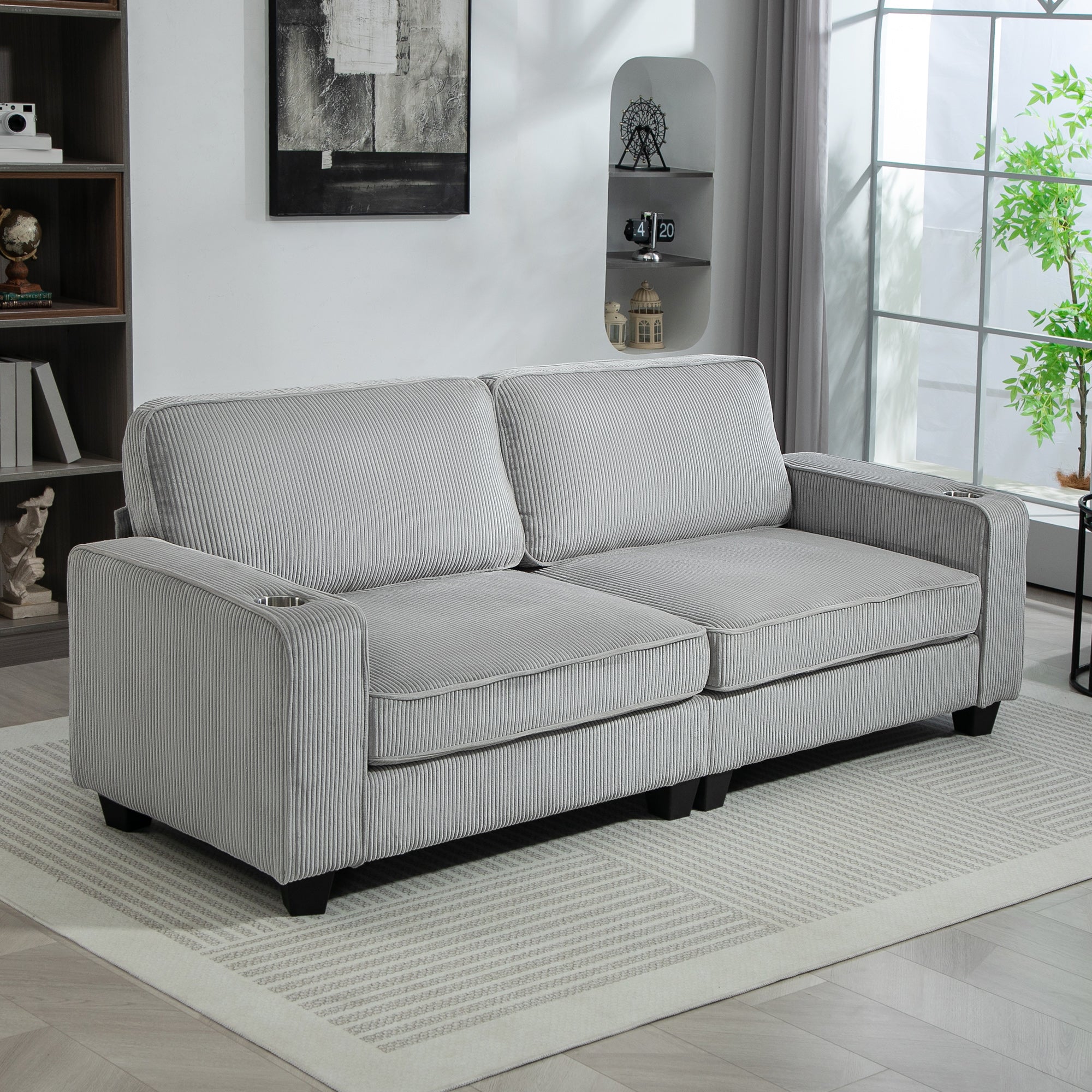 Three Seater Sofa, Fabric 3 Seater Couch with Spring Cushion and Cup Holders for Living Room, Bedroom, Light Grey 3-Seater Sofas   at Gallery Canada