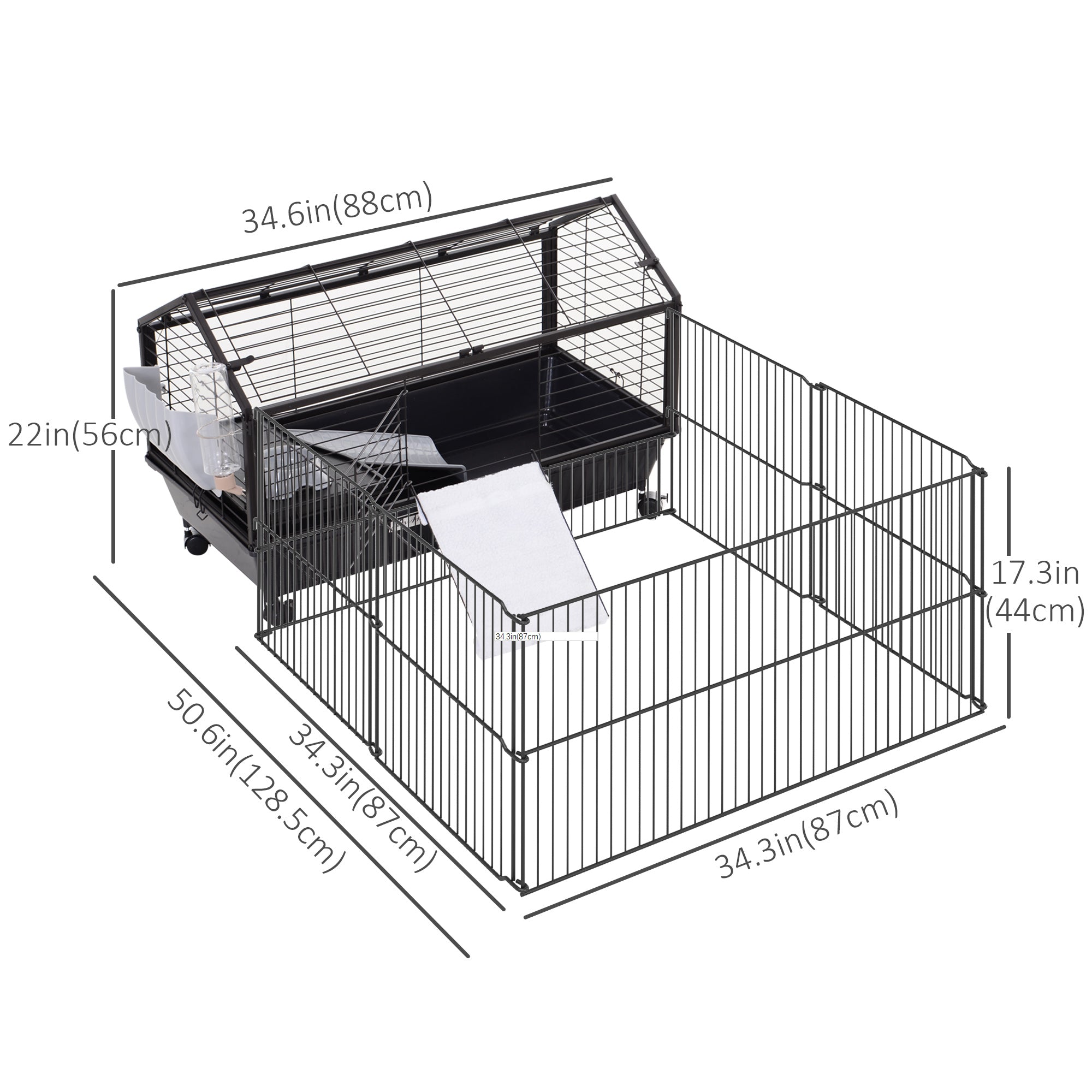 Metal Small Animal Cage, Rabbit Cage for Guinea Pig Chinchilla Hedgehog Bunny with Removable Wheels and Foldable Detachable Run Fence, 34.6