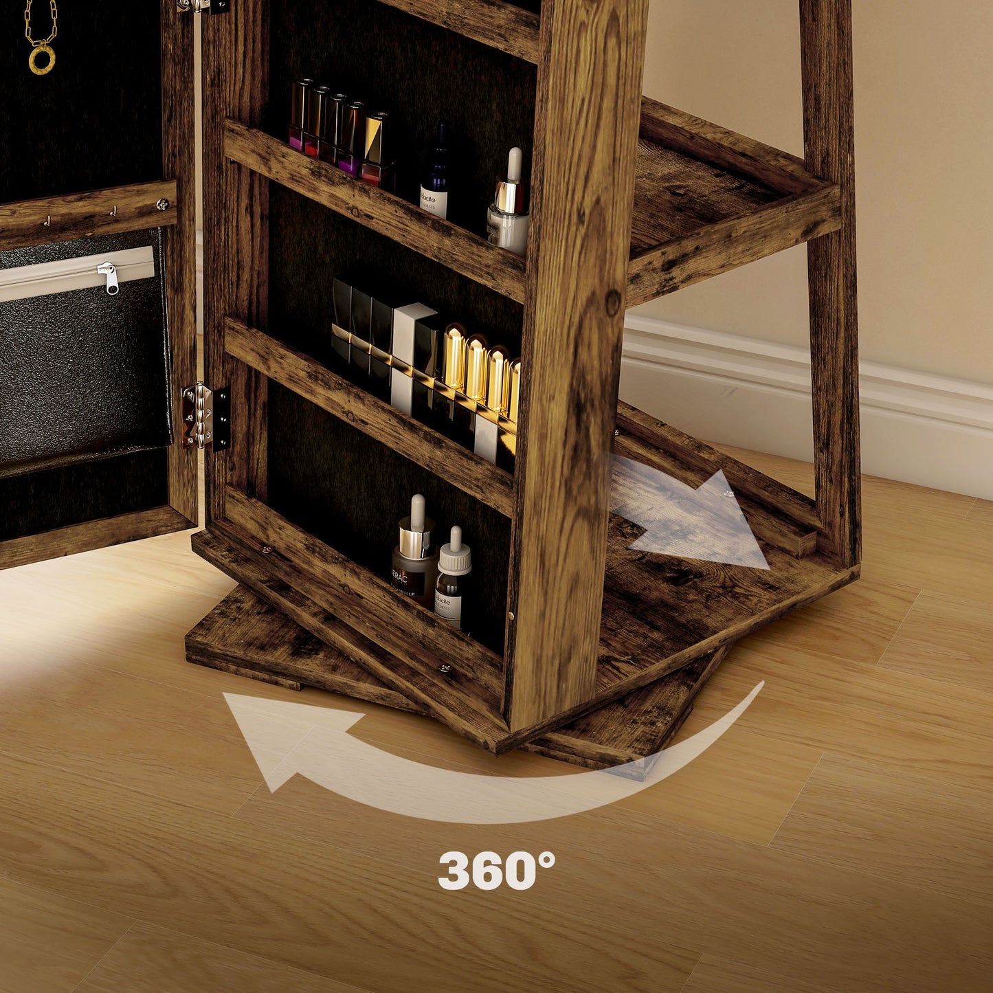 360° Swivel Jewelry Armoire, Lockable Mirror Jewelry Cabinet with Built-In Small Mirror, Rustic Brown Jewelry Armoire & Jewellery Mirror Cabinets   at Gallery Canada