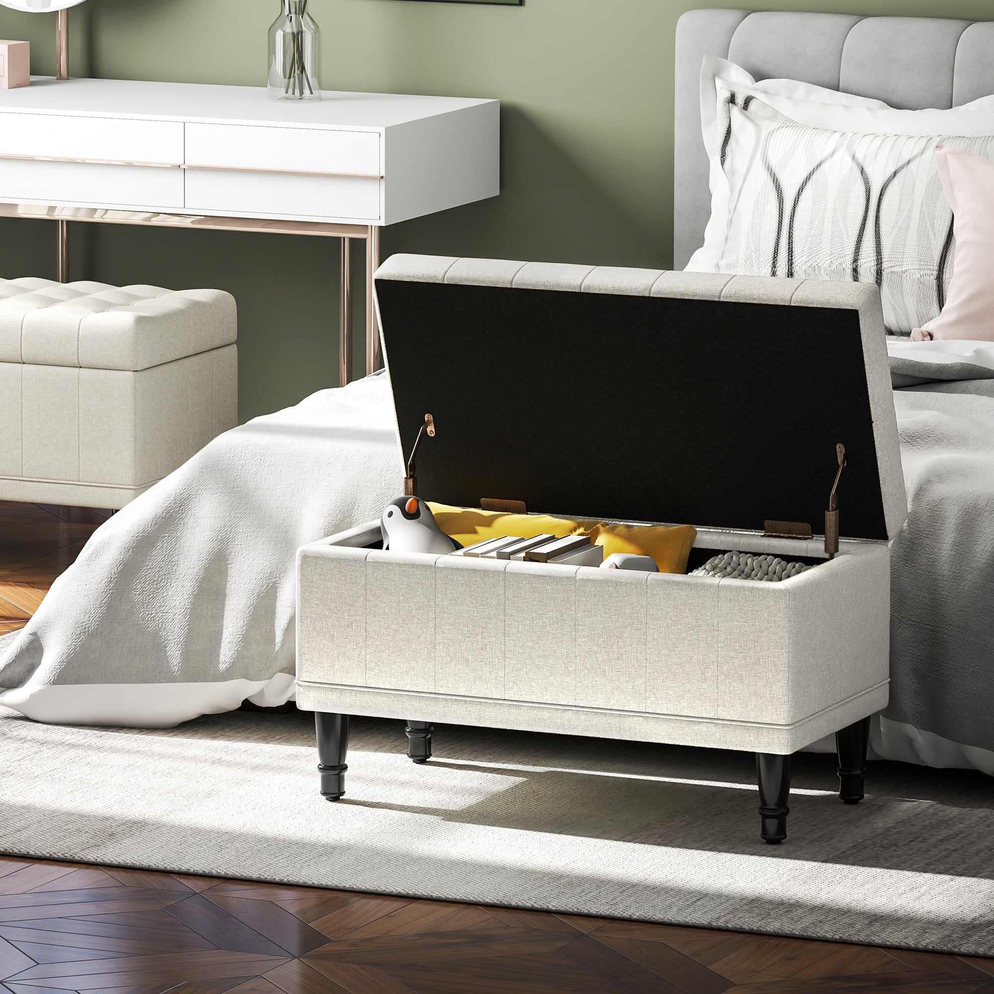 Storage Ottoman, Linen Fabric End of Bed Bench with Button Tufted Storage Bench for Bedroom, Beige Storage Ottomans & Benches at Gallery Canada